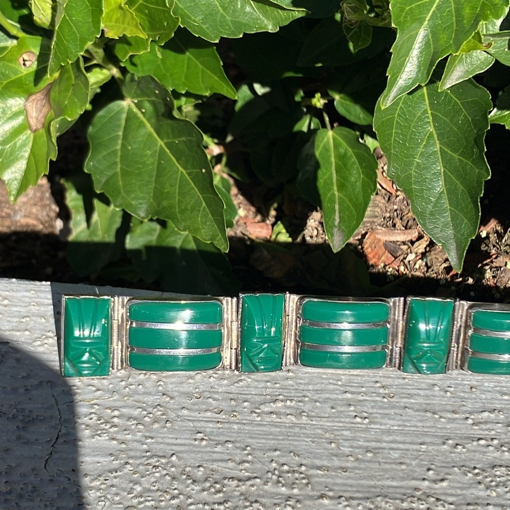 Huge Vintage Taxco Mexico Silver and Green Mask Panel Bracelet - Picture 6 of 12
